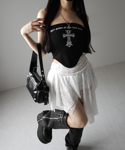 me+em select（ミームセレクト）の「【 ２color 】クロスグランジロゴベアトップス ／ cross grunge logo bare tops（その他トップス・レディース・アイボリー/ブラック・FREE）」の16枚目の写真