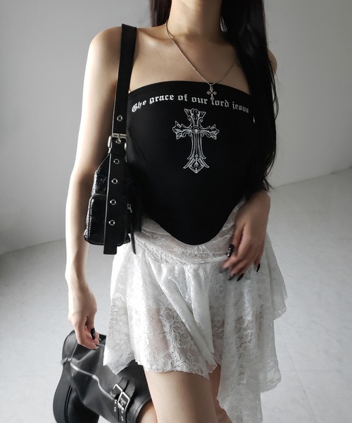 me+em select（ミームセレクト）の「【 ２color 】クロスグランジロゴベアトップス ／ cross grunge logo bare tops（その他トップス・レディース・アイボリー/ブラック・FREE）」の18枚目の写真