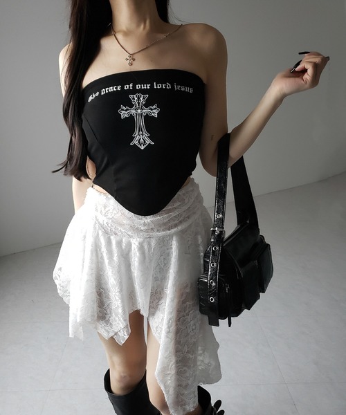 me+em select（ミームセレクト）の「【 ２color 】クロスグランジロゴベアトップス ／ cross grunge logo bare tops（その他トップス・レディース・アイボリー/ブラック・FREE）」の19枚目の写真