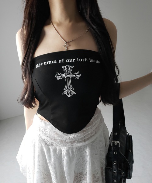 me+em select（ミームセレクト）の「【 ２color 】クロスグランジロゴベアトップス ／ cross grunge logo bare tops（その他トップス・レディース・アイボリー/ブラック・FREE）」の21枚目の写真