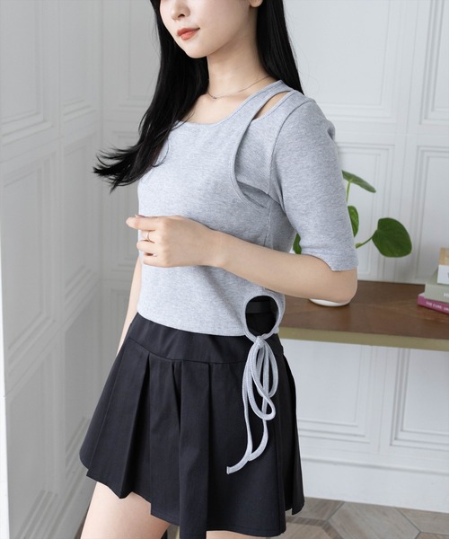 2点セット クロップドTシャツ×スカート ドロスト 韓国系 S5262 セットアップ】 クロップド丈Tシャツ ＋ チェック柄 プリーツ