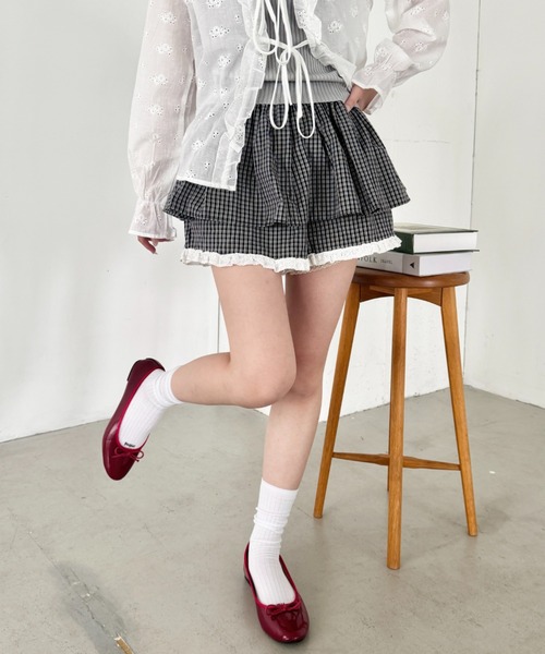 レイヤードチェックショートパンツ セール】レイヤードデザインチェックショートパンツ（その他
