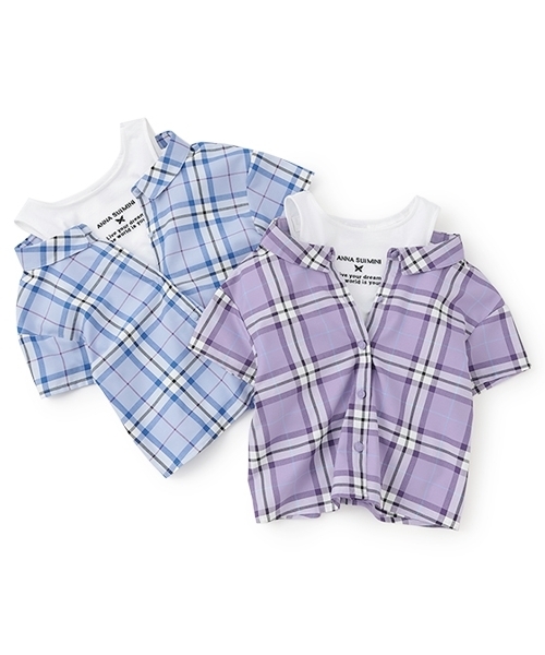 チェックシャツ＋半袖Tシャツ(120cm ラベンダー): キッズ