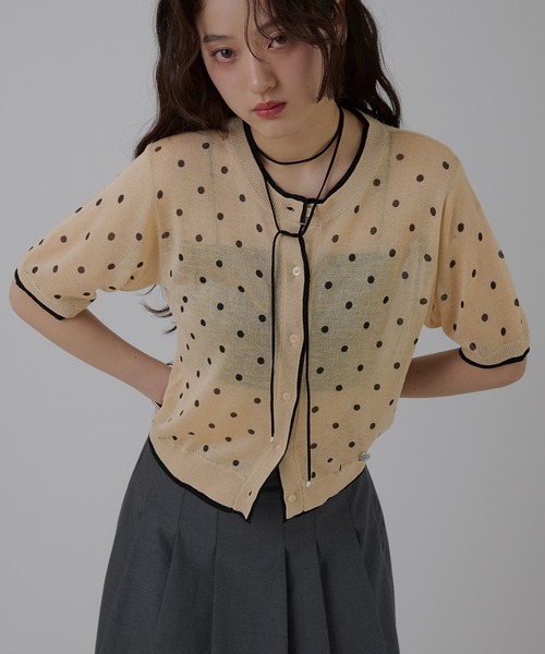 MUHET（ミュエータ）の「two-tone sheer crew neck cardigan / シアーバイカラークルーネックカーディガン（カーディガン/ボレロ・レディース・グレー/アイボリー/ベージュ/ネイビー/ライトグリーン・FREE）」の4枚目の写真
