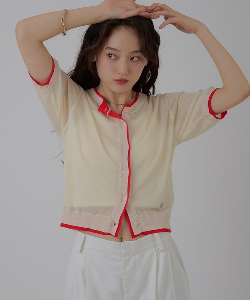 MUHET（ミュエータ）の「two-tone sheer crew neck cardigan / シアーバイカラークルーネックカーディガン（カーディガン/ボレロ・レディース・グレー/アイボリー/ベージュ/ネイビー/ライトグリーン・FREE）」の2枚目の写真