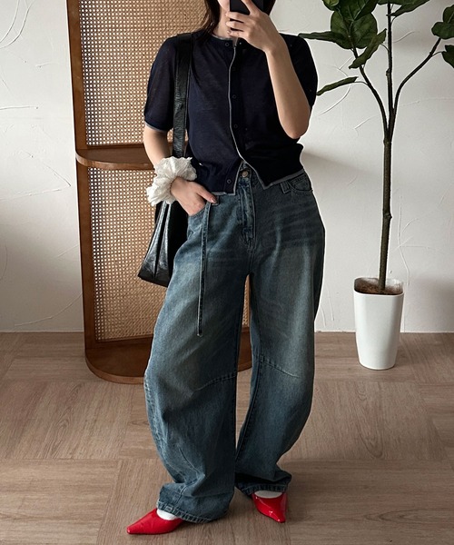 MUHET（ミュエータ）の「two-tone sheer crew neck cardigan / シアーバイカラークルーネックカーディガン（カーディガン/ボレロ・レディース・グレー/アイボリー/ベージュ/ネイビー/ライトグリーン・FREE）」の7枚目の写真