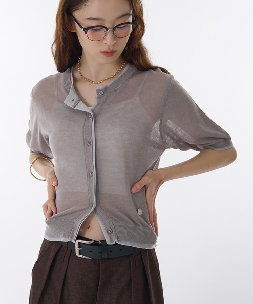 two-tone sheer crew neck cardigan / シアーバイカラークルーネック