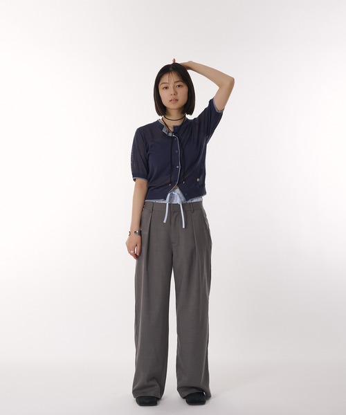 MUHET（ミュエータ）の「two-tone sheer crew neck cardigan / シアーバイカラークルーネックカーディガン（カーディガン/ボレロ・レディース・グレー/アイボリー/ベージュ/ネイビー/ライトグリーン・FREE）」の22枚目の写真