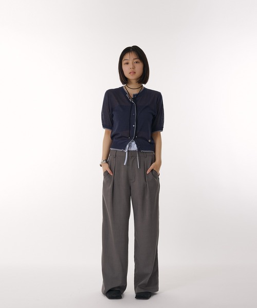 MUHET（ミュエータ）の「two-tone sheer crew neck cardigan / シアーバイカラークルーネックカーディガン（カーディガン/ボレロ・レディース・グレー/アイボリー/ベージュ/ネイビー/ライトグリーン・FREE）」の21枚目の写真