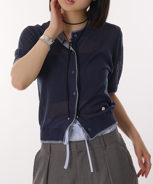 MUHET（ミュエータ）の「two-tone sheer crew neck cardigan / シアーバイカラークルーネックカーディガン（カーディガン/ボレロ・レディース・グレー/アイボリー/ベージュ/ネイビー/ライトグリーン・FREE）」の6枚目の写真