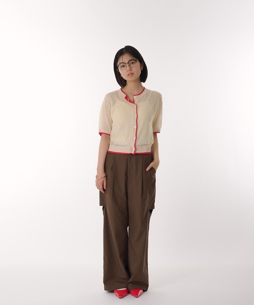 MUHET（ミュエータ）の「two-tone sheer crew neck cardigan / シアーバイカラークルーネックカーディガン（カーディガン/ボレロ・レディース・グレー/アイボリー/ベージュ/ネイビー/ライトグリーン・FREE）」の12枚目の写真