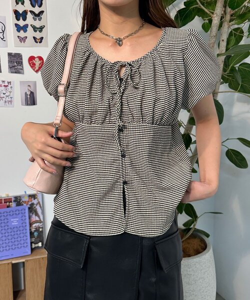 ブラウス シャツ 「neutral」ギンガムチェックパフスリーブリボンブラウス レディース CIAOPANIC ブラウス シャツ 「neutral」ギンガムチェック