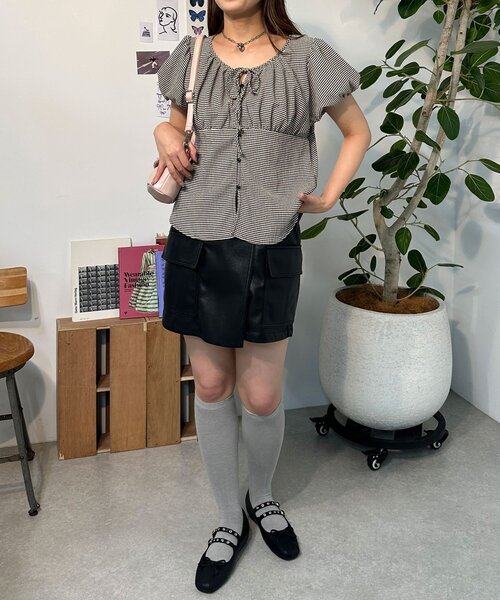 CIAOPANIC（チャオパニック）の「【neutral】ギンガムチェックパフスリーブリボンブラウス（シャツ/ブラウス・レディース・ブラック/ピンク/ベージュ・FREE）」の14枚目の写真