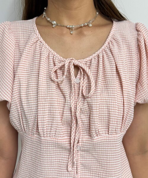 CIAOPANIC（チャオパニック）の「【neutral】ギンガムチェックパフスリーブリボンブラウス（シャツ/ブラウス・レディース・ブラック/ピンク/ベージュ・FREE）」の5枚目の写真