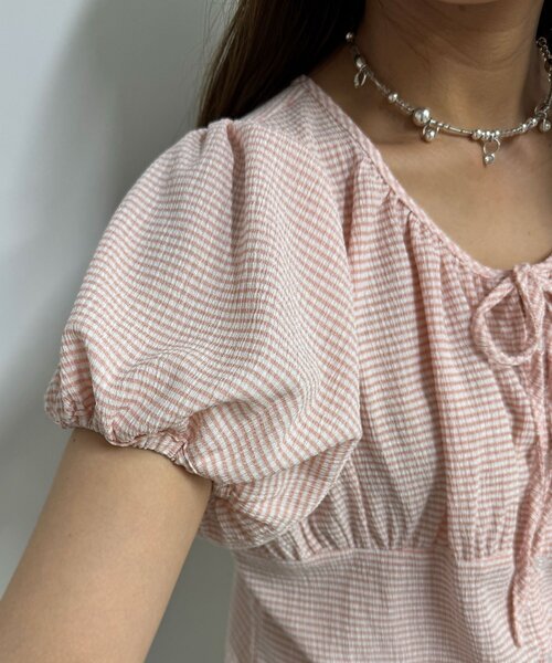 CIAOPANIC（チャオパニック）の「【neutral】ギンガムチェックパフスリーブリボンブラウス（シャツ/ブラウス・レディース・ブラック/ピンク/ベージュ・FREE）」の6枚目の写真