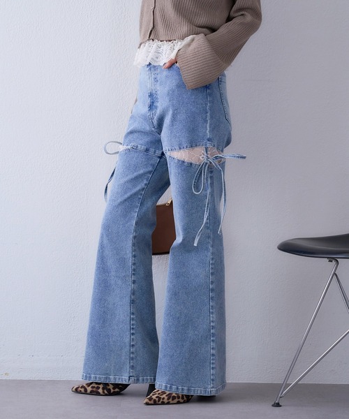 セール】【サイズ展開あり】サイドオープンレースデニムパンツ
