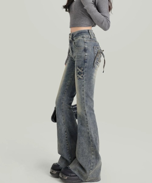 バック レースアップ フレア デニム パンツ JENNE バックレースアップ