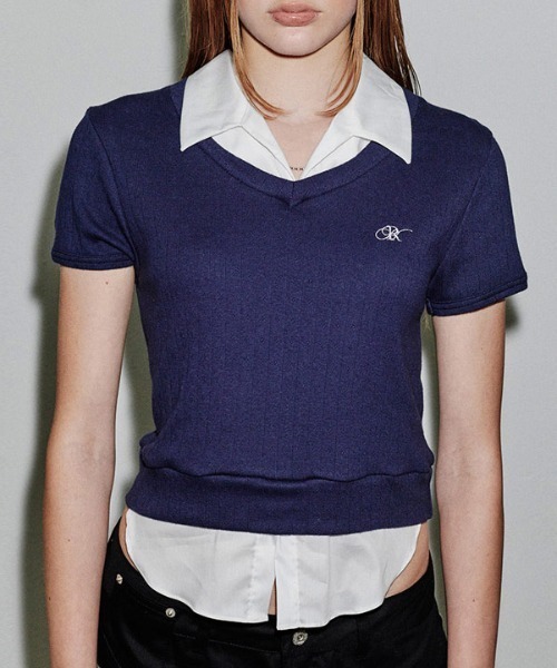runningHIGH(ランニングハイ)の「A'GEM/9 × .kom 『runningHIGH/ランニングハイ』 SHIRTS LAYERED H/S TEE/シャツレイヤード半袖Tシャツ(その他トップス・レディース・グレー/ネイビー・FREE)」の4枚目の写真