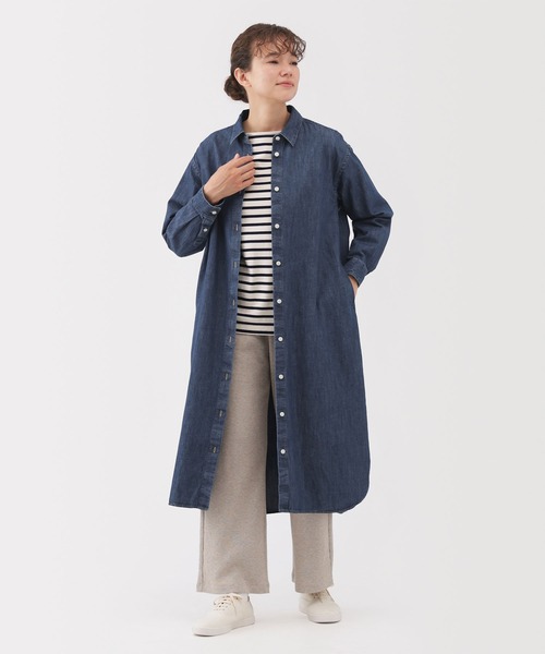 セール】婦人 洗いざらし デニム長袖シャツワンピース（ワンピース