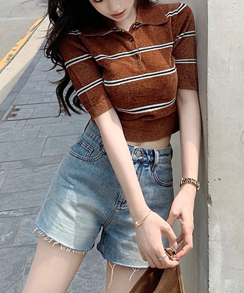 ポロニット/ボーダークロップドニット（ポロシャツ）｜LYEON