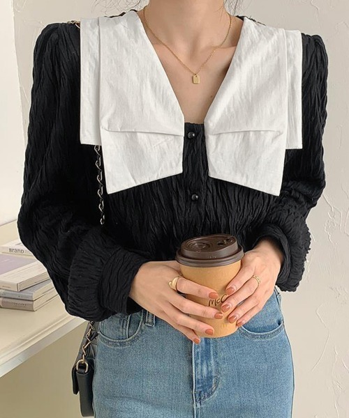 Miniministore(ミニミニストア)の「ビッグカラー ワッシャーブラウス 韓国風(シャツ/ブラウス・レディース・ブラック/ホワイト・FREE)」の3枚目の写真