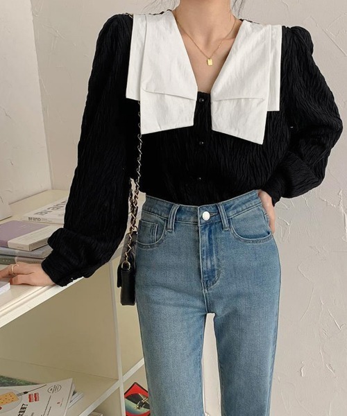 Miniministore(ミニミニストア)の「ビッグカラー ワッシャーブラウス 韓国風(シャツ/ブラウス・レディース・ブラック/ホワイト・FREE)」の4枚目の写真
