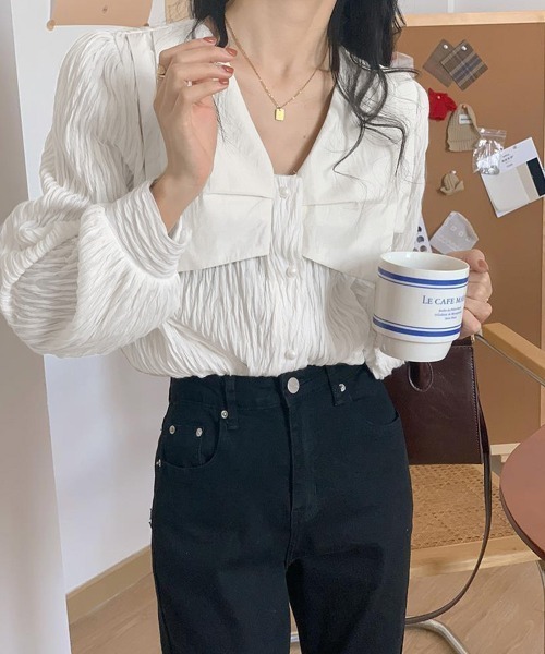 Miniministore(ミニミニストア)の「ビッグカラー ワッシャーブラウス 韓国風(シャツ/ブラウス・レディース・ブラック/ホワイト・FREE)」の9枚目の写真