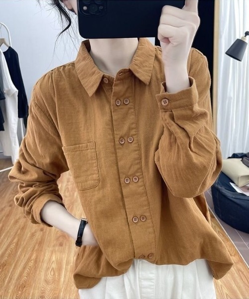 cammie(キャミー)の「ダブルボタンデザインシャツ(シャツ/ブラウス・レディース・パープル/キャメル/ダークグレー・L/M)」の1枚目の写真