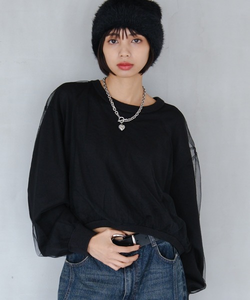 PAGEBOY(ページボーイ)の「チュールドッキングニットプルオーバー(Tシャツ/カットソー・レディース・グレー/オフホワイト/ブラック・FREE)」の1枚目の写真