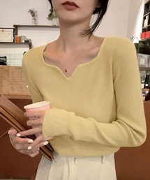 【デコルテ綺麗見せ】長袖キーネックリブニット レディース