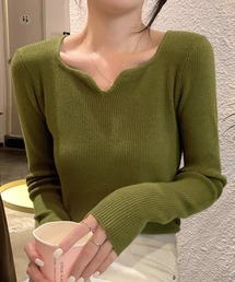 【デコルテ綺麗見せ】長袖キーネックリブニット レディース