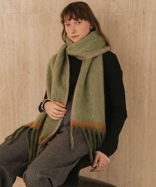 forksy.】モヘアタッチ配色グラデーションボリュームフリンジマフラー