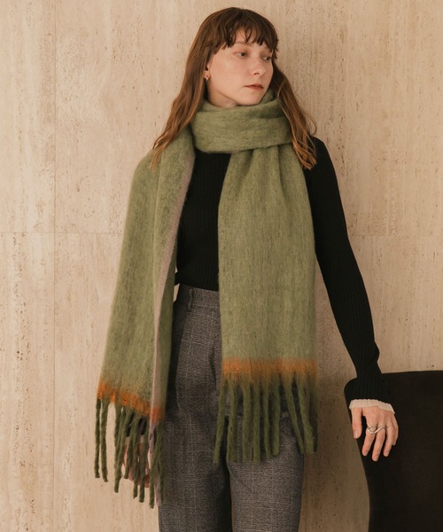 forksy.】モヘアタッチ配色グラデーションボリュームフリンジマフラー