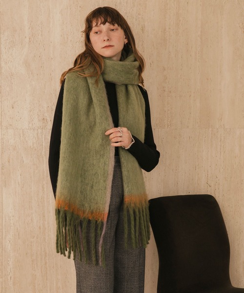 forksy.】モヘアタッチ配色グラデーションボリュームフリンジマフラー