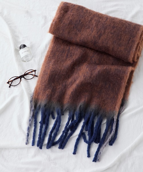 forksy.】モヘアタッチ配色グラデーションボリュームフリンジマフラー