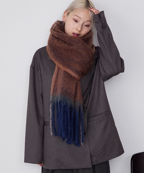 forksy.】モヘアタッチ配色グラデーションボリュームフリンジマフラー