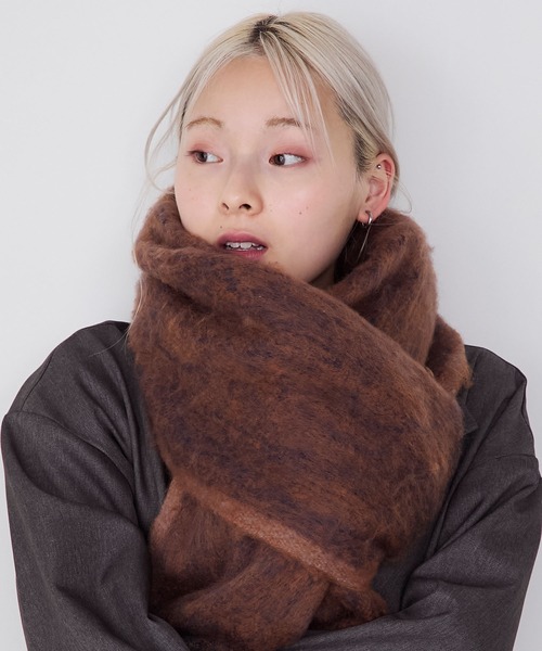 forksy.】モヘアタッチ配色グラデーションボリュームフリンジマフラー