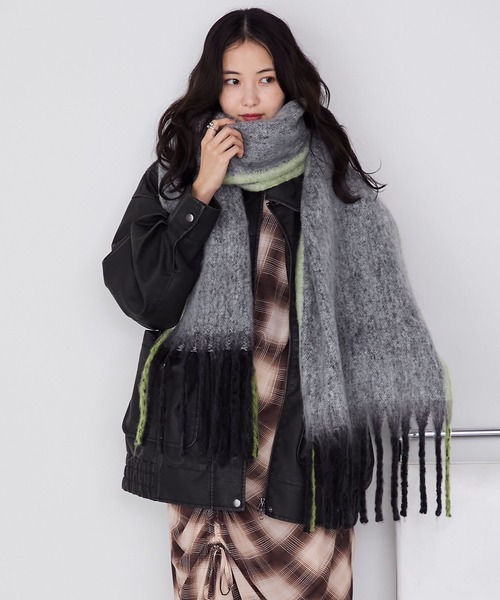 forksy.】モヘアタッチ配色グラデーションボリュームフリンジマフラー
