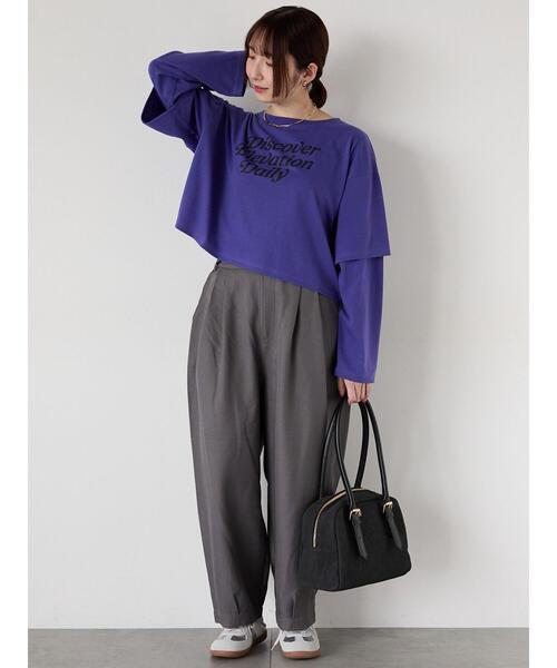 Te chichi TERRASSE(テチチテラス)の「フェイクレイヤードプリントTシャツ(Tシャツ/カットソー・レディース・パープル/チャコールグレー/キナリ・F)」の13枚目の写真