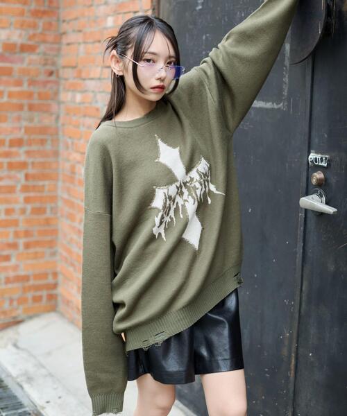 WEGO(ウィゴー)の「WEGO/ダメージジャガードプルオーバー(ニット/セーター・メンズ・オフホワイト/カーキ/ブラック・MEDIUM/LARGE)」の13枚目の写真