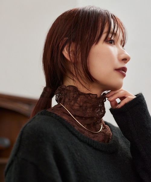 mysty woman(ミスティウーマン)の「総レースハイネックギャザープルオーバー 606418(Tシャツ/カットソー・レディース・オフホワイト/ブラウン/ブラック・FREE)」の1枚目の写真