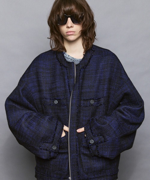 MAISON SPECIAL（メゾンスペシャル）の「《UNISEX》Collarless Tweed Jacket/ノーカラーツイードジャケット【MAISON SPECIAL/メゾンスペシャル】（ノーカラージャケット・メンズ・ネイビー/ホワイト/ブラック・0/1/2）」の3枚目の写真