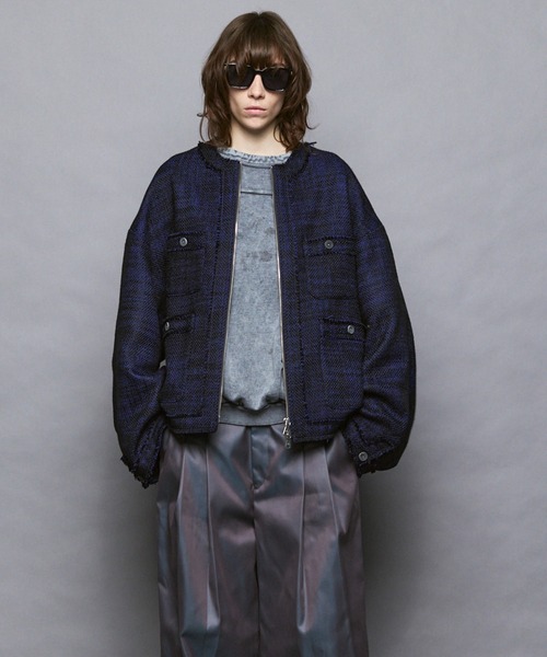 MAISON SPECIAL（メゾンスペシャル）の「《UNISEX》Collarless Tweed Jacket/ノーカラーツイードジャケット【MAISON SPECIAL/メゾンスペシャル】（ノーカラージャケット・メンズ・ネイビー/ホワイト/ブラック・0/1/2）」の6枚目の写真