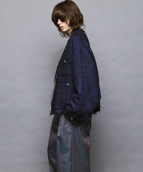 MAISON SPECIAL（メゾンスペシャル）の「《UNISEX》Collarless Tweed Jacket/ノーカラーツイードジャケット【MAISON SPECIAL/メゾンスペシャル】（ノーカラージャケット・メンズ・ネイビー/ホワイト/ブラック・0/1/2）」の7枚目の写真