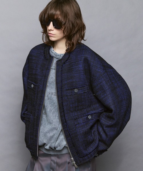 MAISON SPECIAL（メゾンスペシャル）の「《UNISEX》Collarless Tweed Jacket/ノーカラーツイードジャケット【MAISON SPECIAL/メゾンスペシャル】（ノーカラージャケット・メンズ・ネイビー/ホワイト/ブラック・0/1/2）」の9枚目の写真