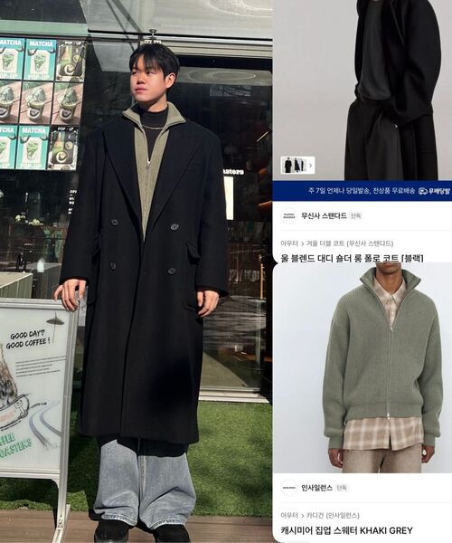 MUSINSA STANDARD（ムシンサスタンダード）の「ウールブレンドダディショルダー ロングポロコート [ブラック]（チェスターコート・メンズ・その他・MEDIUM/LARGE/X-LARGE/XX-LARGE）」の9枚目の写真