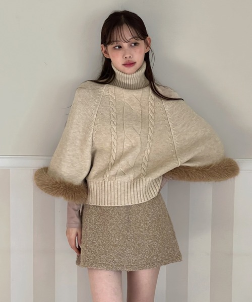 着用動画あり・3色展開】ファーハイネックニットケープ（ニット