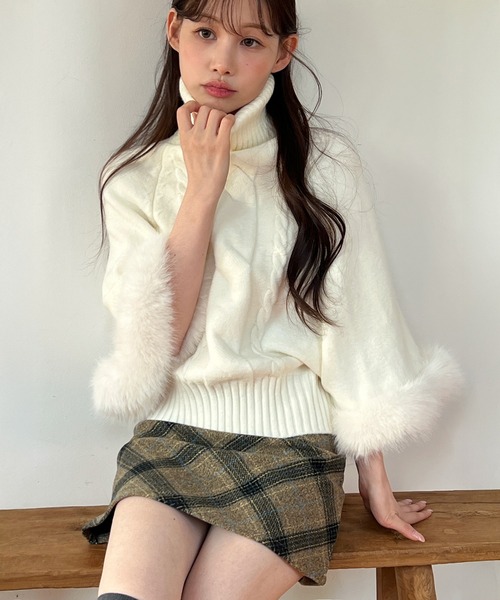 着用動画あり・3色展開】ファーハイネックニットケープ（ニット