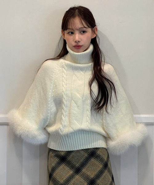 着用動画あり・3色展開】ファーハイネックニットケープ（ニット