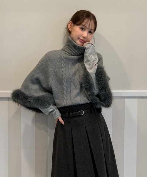 着用動画あり・3色展開】ファーハイネックニットケープ（ニット
